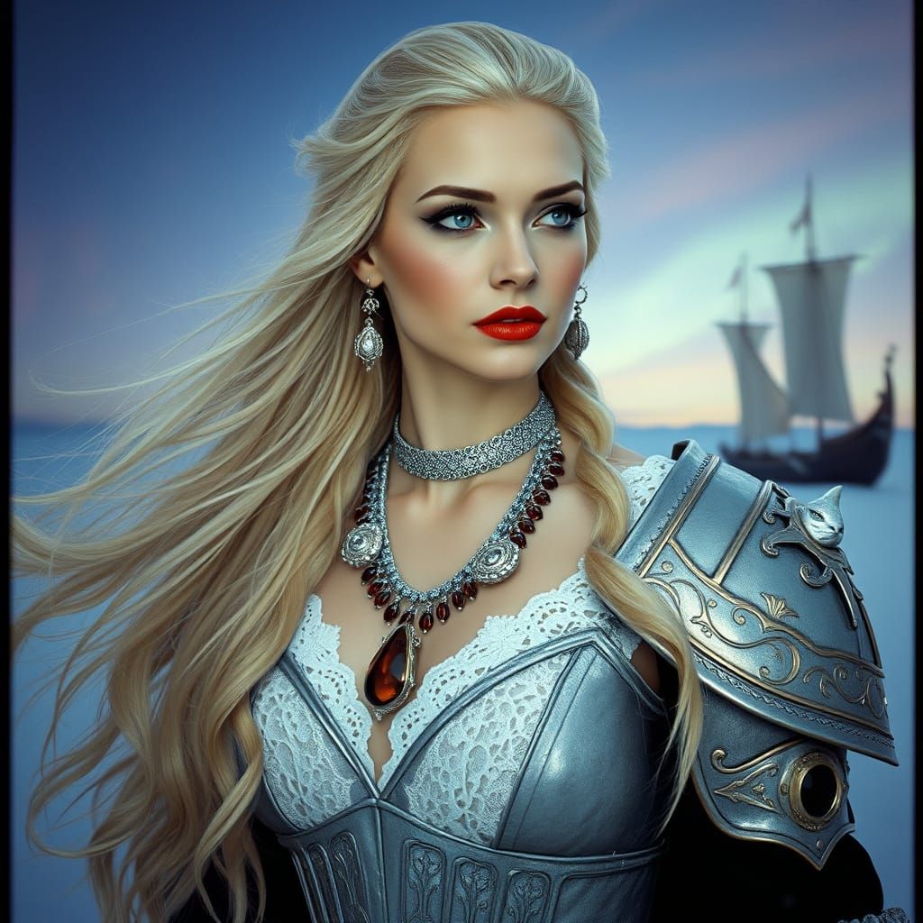 Ethereal Goddess in Viking Regalia with Longship and Aurora