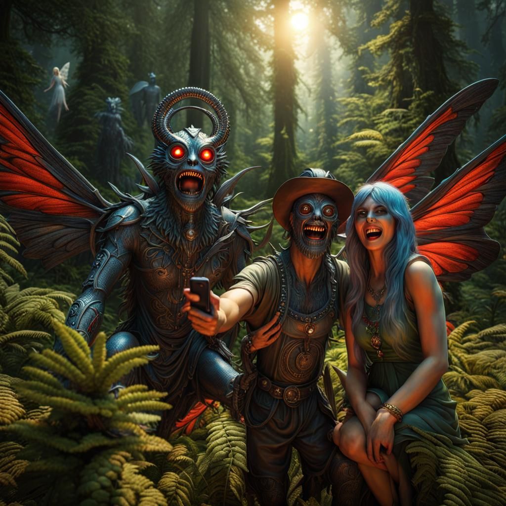 Joyful Selfie with Mothman and Bigfoot in Psychedelic Art
