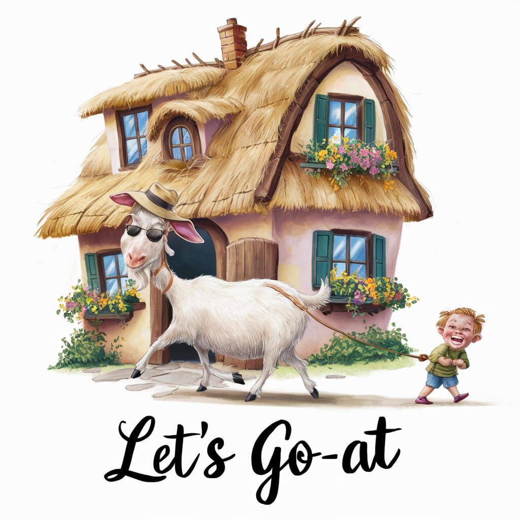 Goat in Hat Walks Out of House Illustration