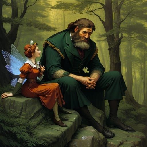 Fairy and Giant in Forest Landscape