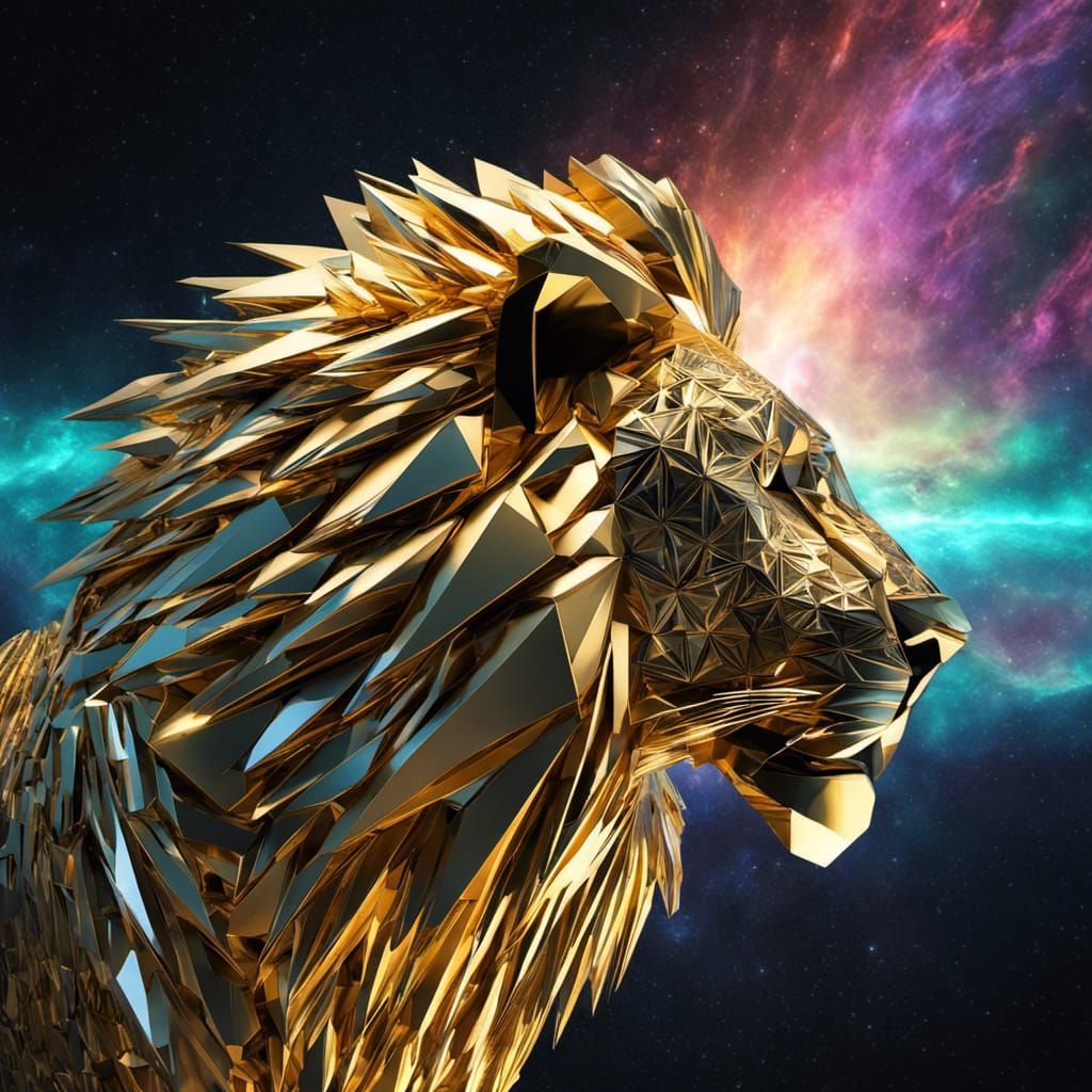 Geometric Lion Spirit in Exploding Block Art