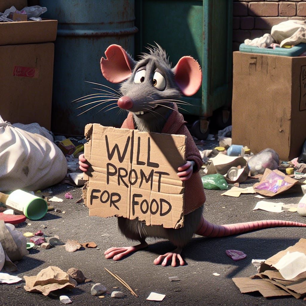 Cartoon Rat Begging For Food in Alleyway