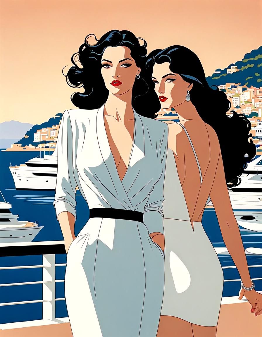 Elegant Yacht Girls in Nagel Style Illustration