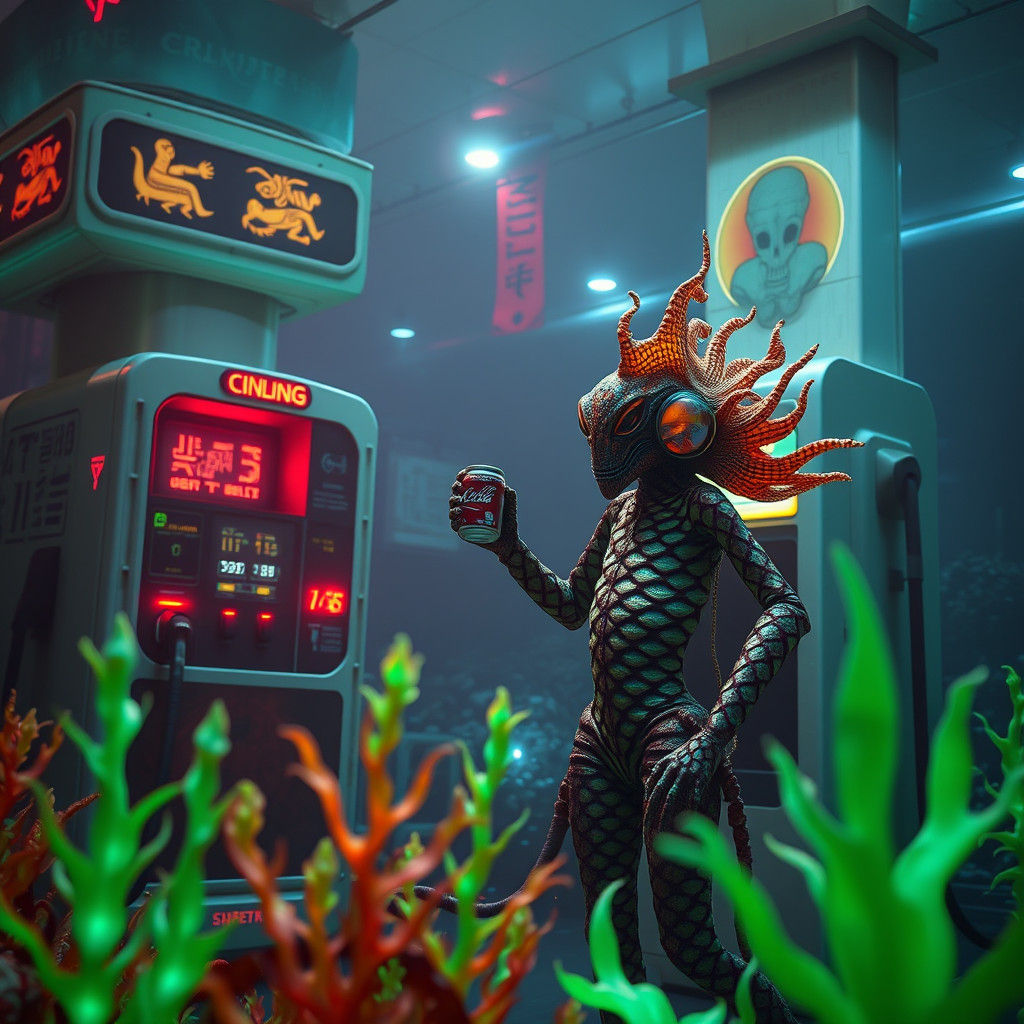 Aquatic Alien Refuels Submersible at Underwater Gas Station