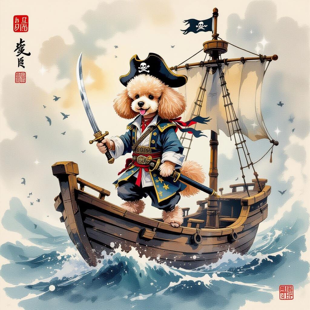 Poodle Pirate Captain on Bamboo Ship in Chinese Ink