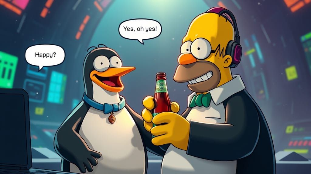 A Happy Penguin in Futuristic Cyberspace Converses with Home...