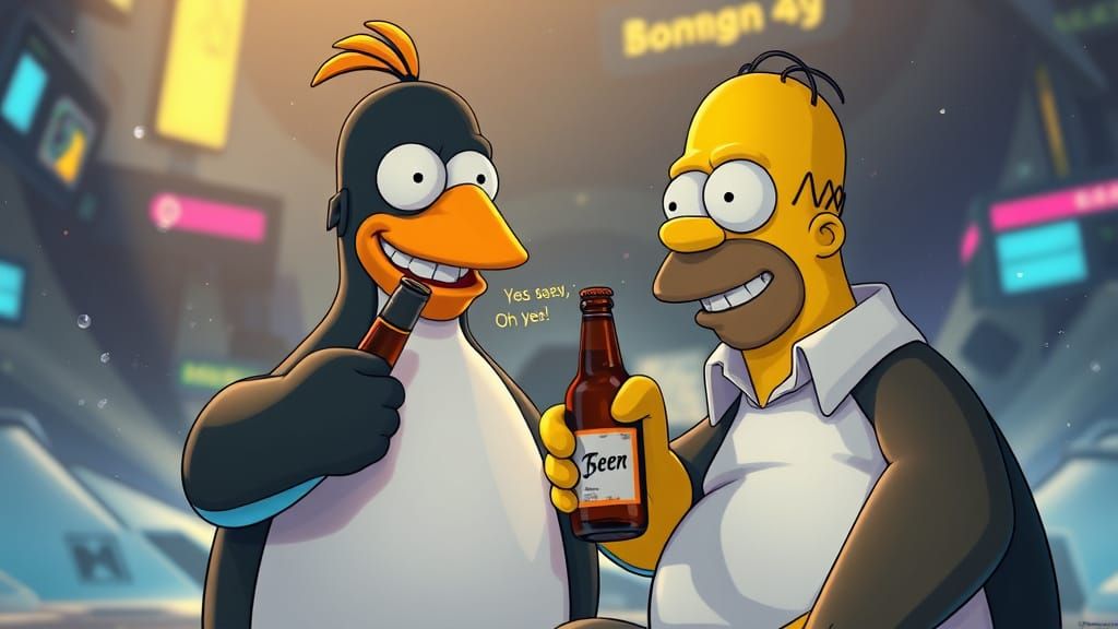 Surreal Cyberpunk Penguins in Space Chat with Homer Simpson