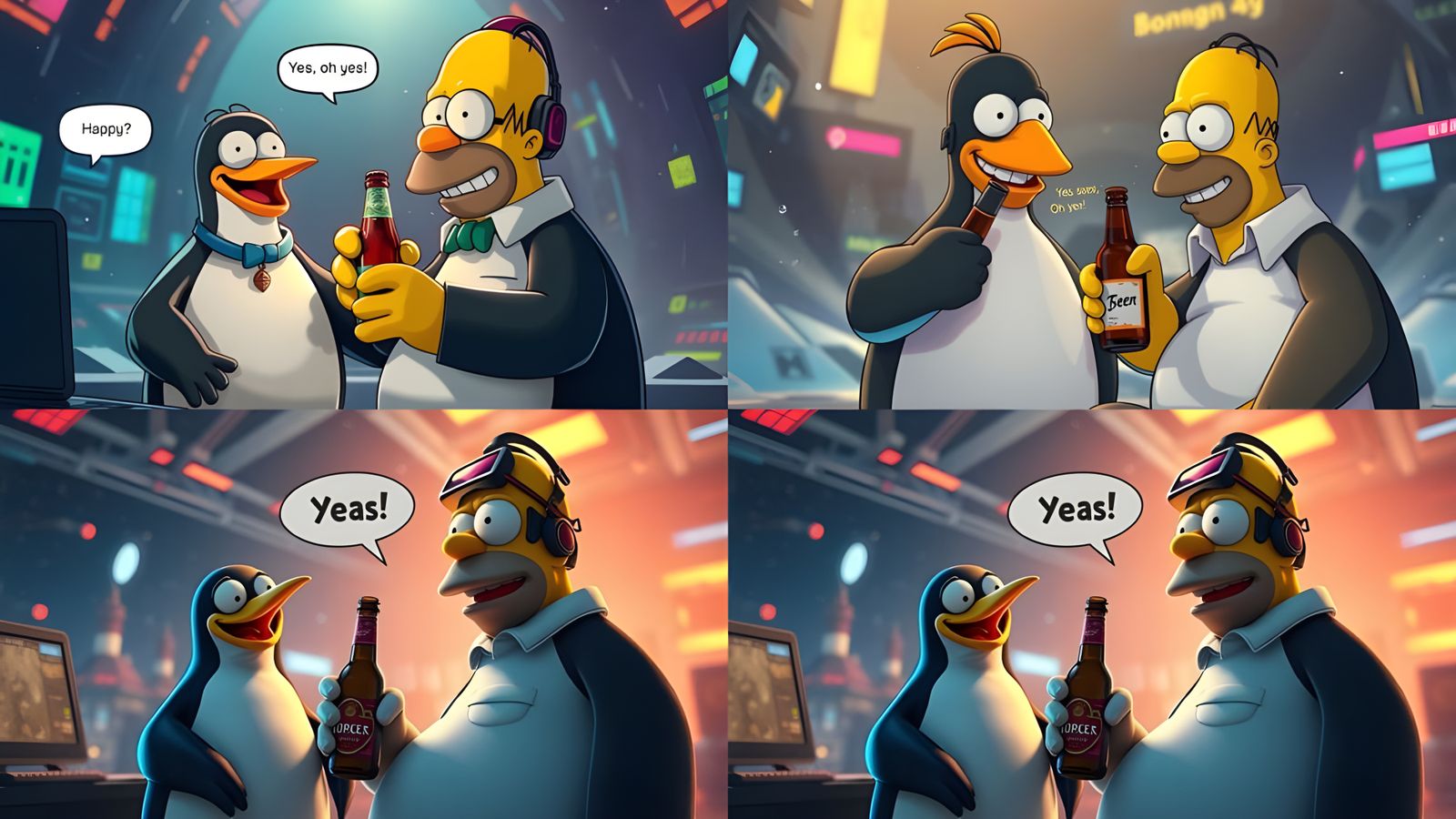 Cyberpunk Penguine and Homer Simpson in Vibrant Fantasy Land...