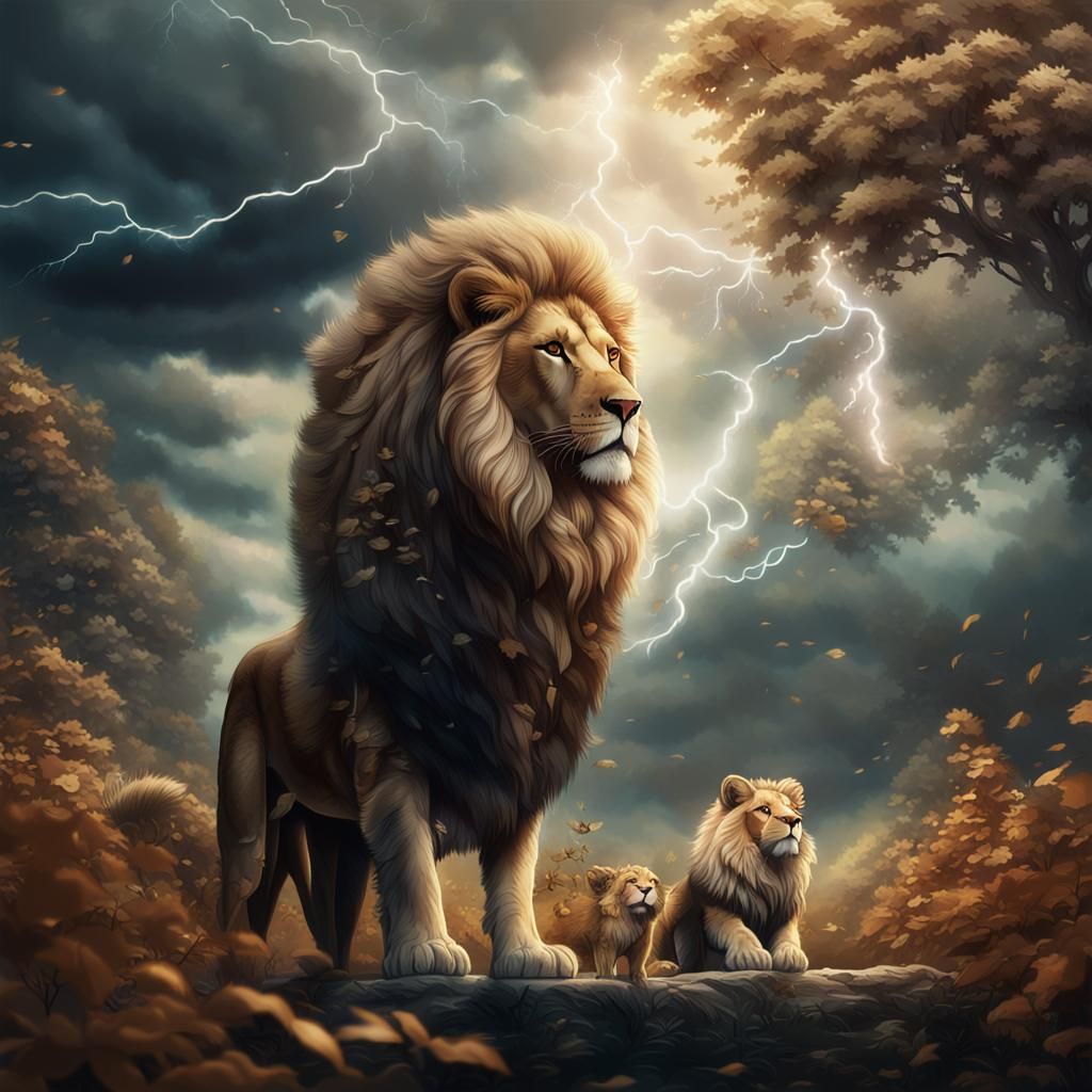 Lady and Lion in Storm, as Fantasy Art