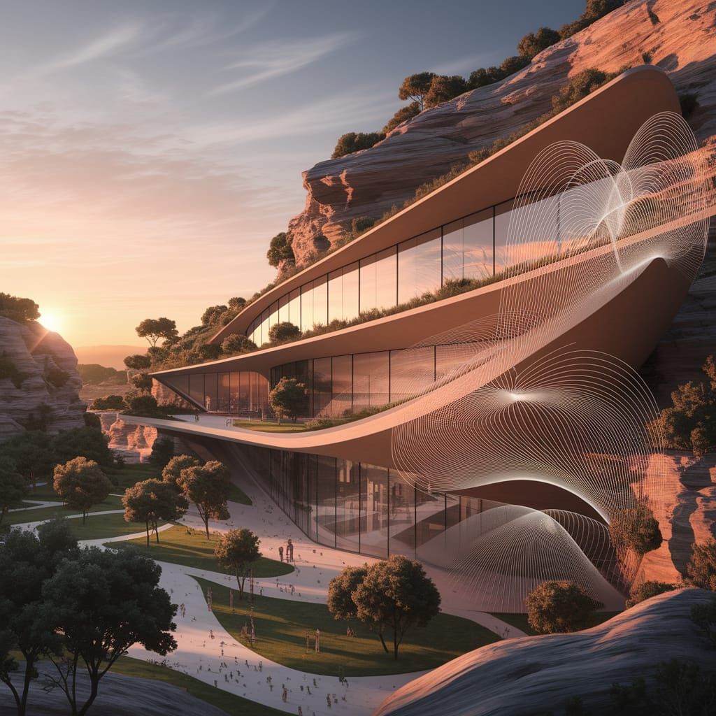 Futuristic Art Gallery in Rock, 3D Render