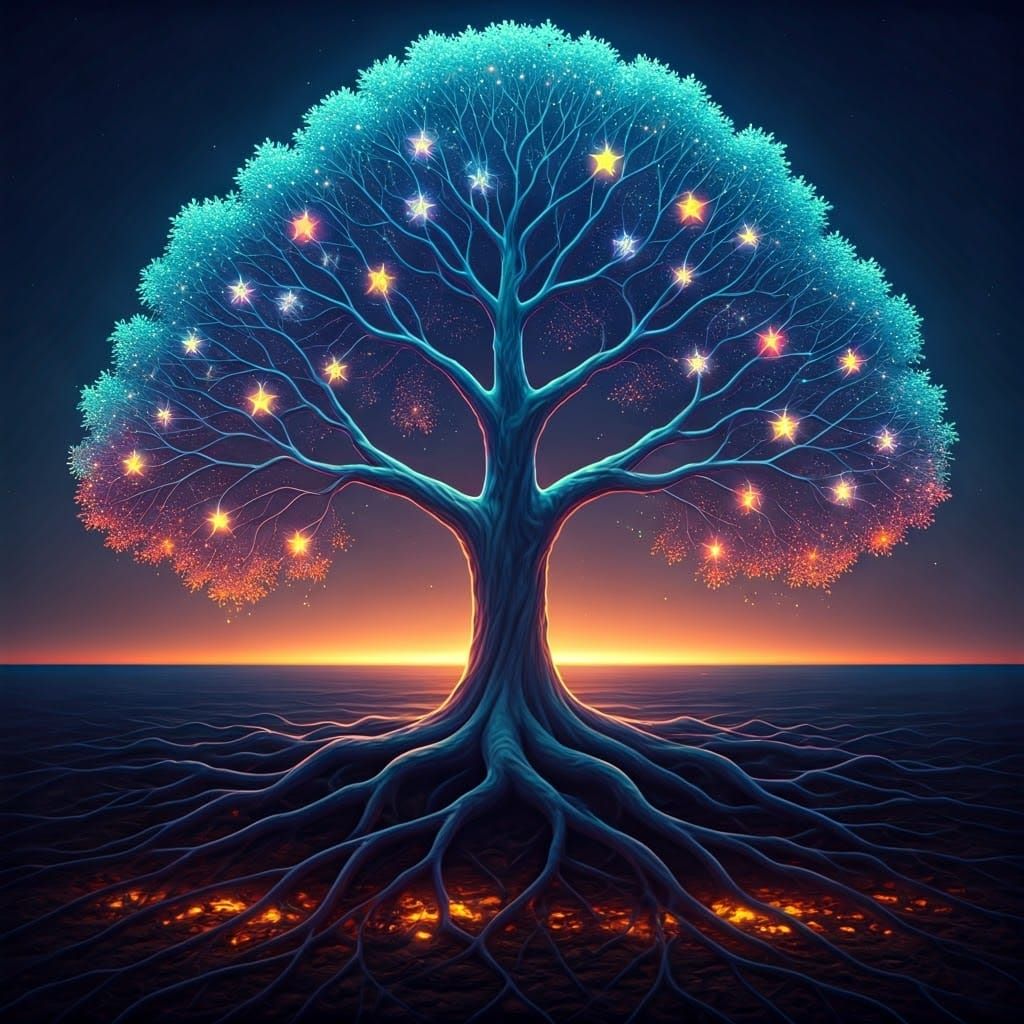Luminous Tree of Starlight in Dreamlike Night Sky