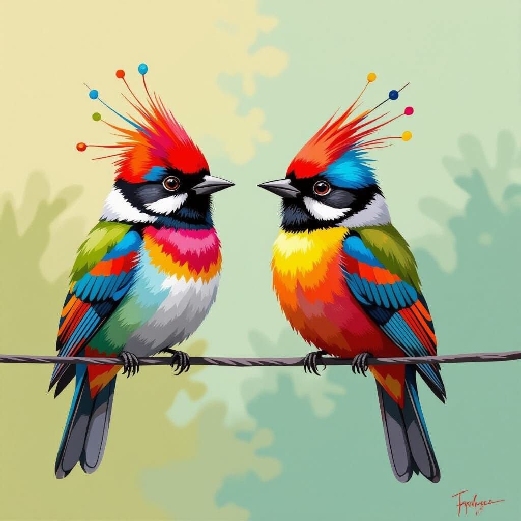 Whimsical Birds with Bright Plumage on a Wire