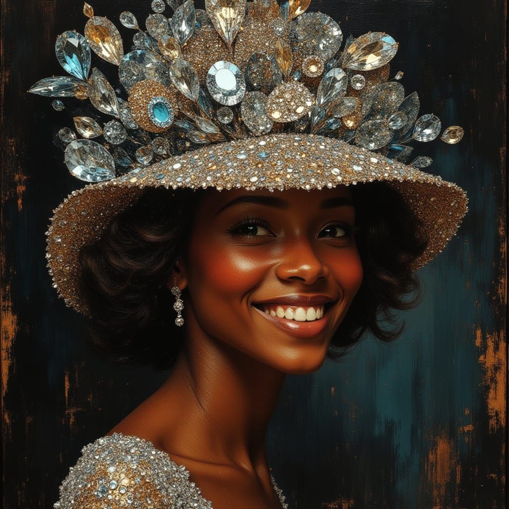 Glamorous Woman in Diamond Hat, Hyperrealistic Oil Painting