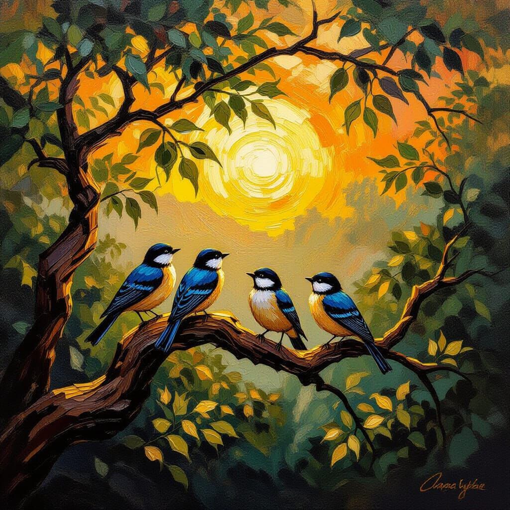 Birds at Sunset in Impasto Oil Painting Style