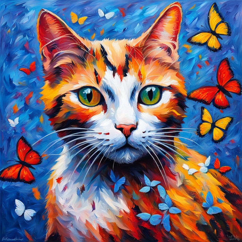 Colorful Splatter Cat with Butterflies, Expressionist Oil Pa...