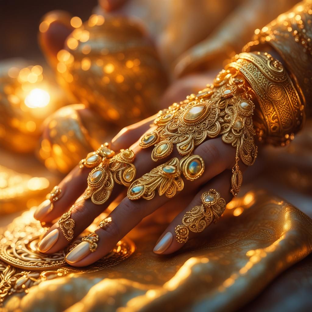 Golden Portrait of a Hand in Opulent Traditional Islamic Art...