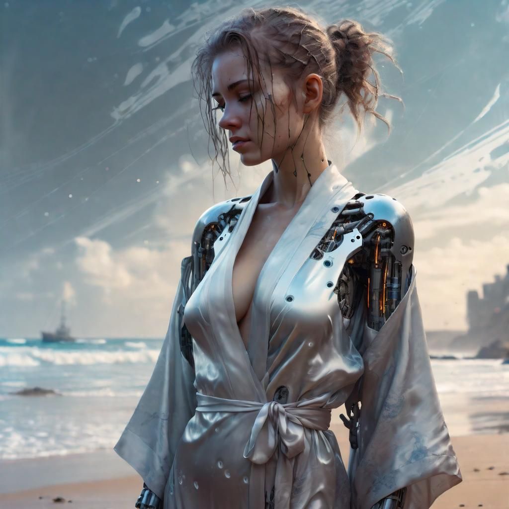 Cyborg Girl in Silk Robe on Beach