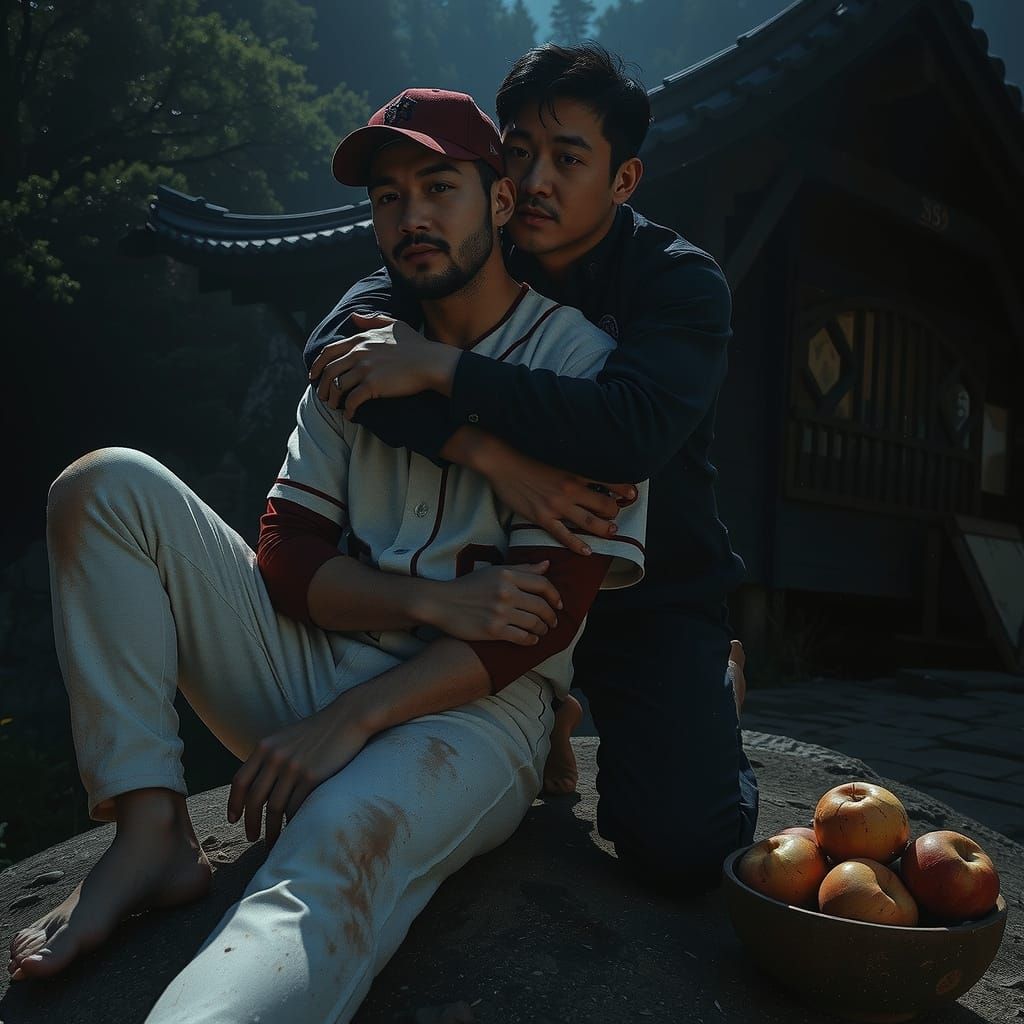 Korean Baseball Player and Guard Embrace on Mountain