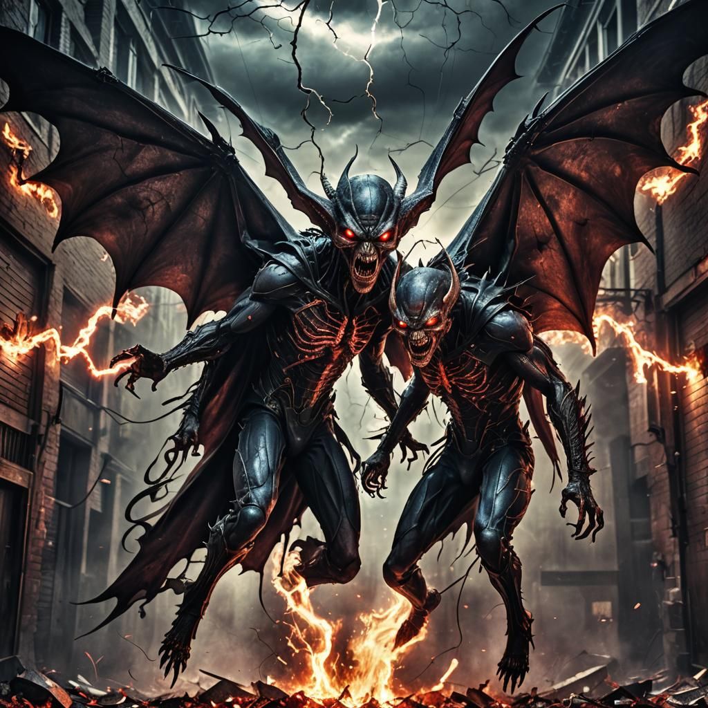 Winged Alien Vampire Twins in Hyperrealistic Horror Style