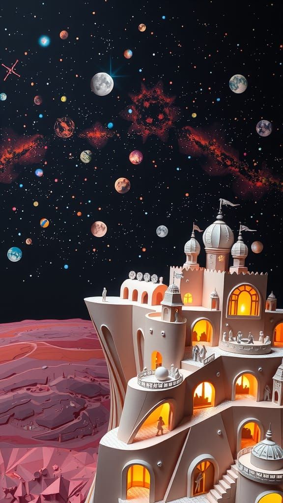 Papercraft City on Mars in Storybook Style