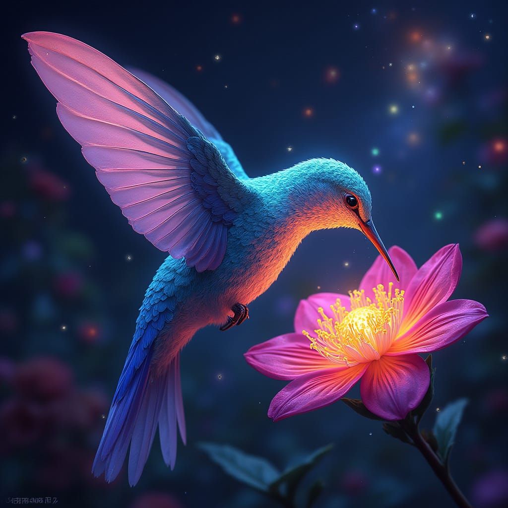 Celestial Hummingbird Sipping Nectar in Digital Art