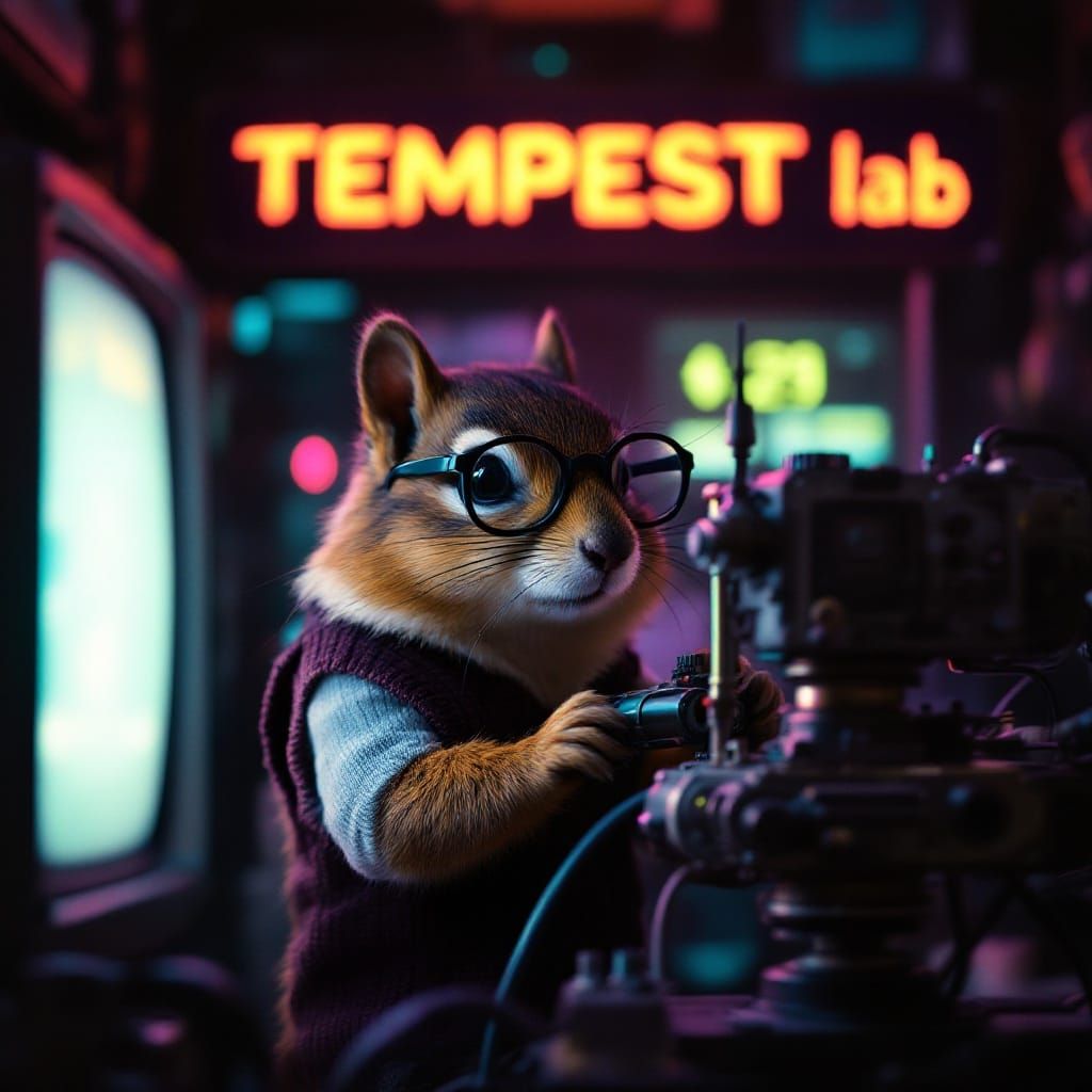 Cyberpunk Squirrel Engineer Captured in Neon-Lit Lab