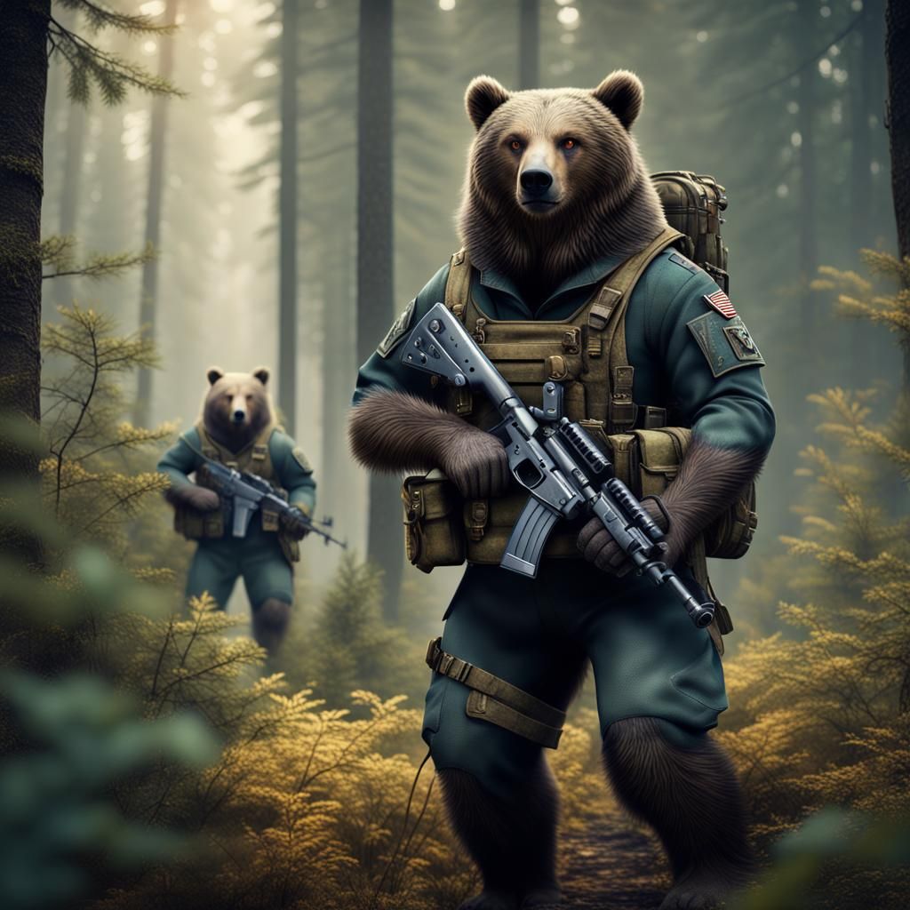 Grizzly Bear Soldier in Forest: Detailed Matte Painting