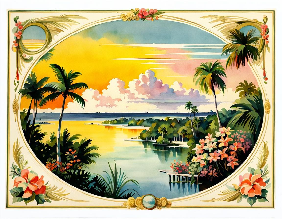 Vintage Florida Postcard in Watercolor Art Deco Style