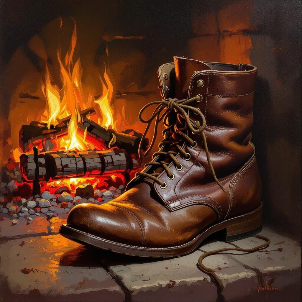 Cozy Fireplace Scene with Old Leather Boot