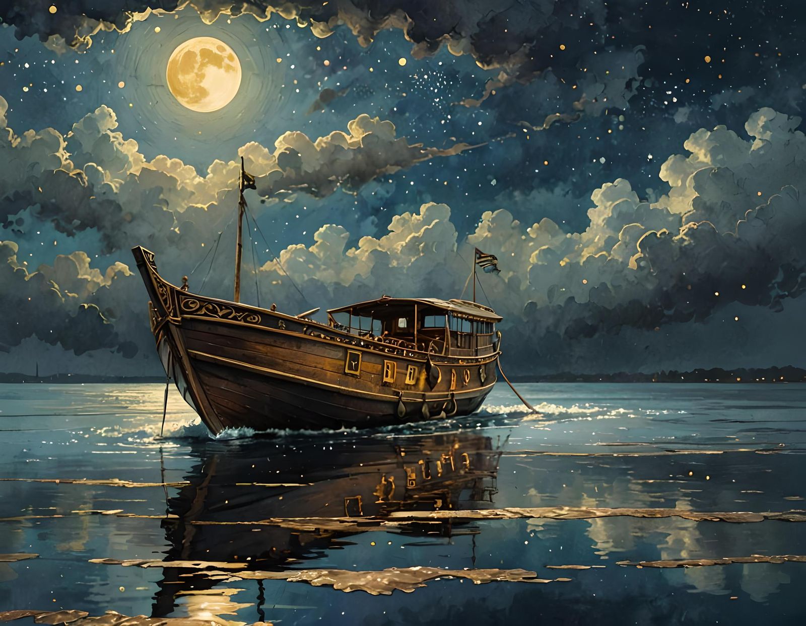 Fantastical Gypsy Boat on Starry Night, Digital Art