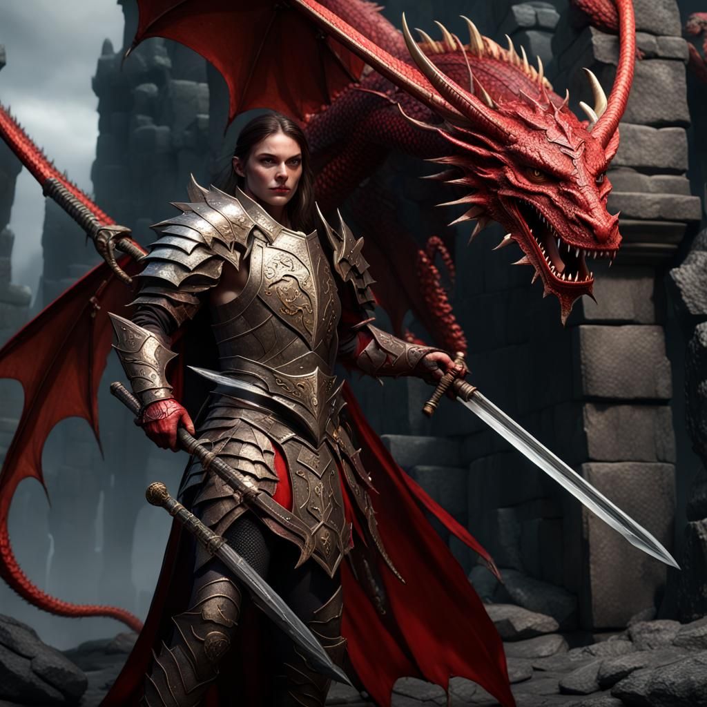 Half-Elf Fighter in Dragon Armor: Dark Fantasy Art