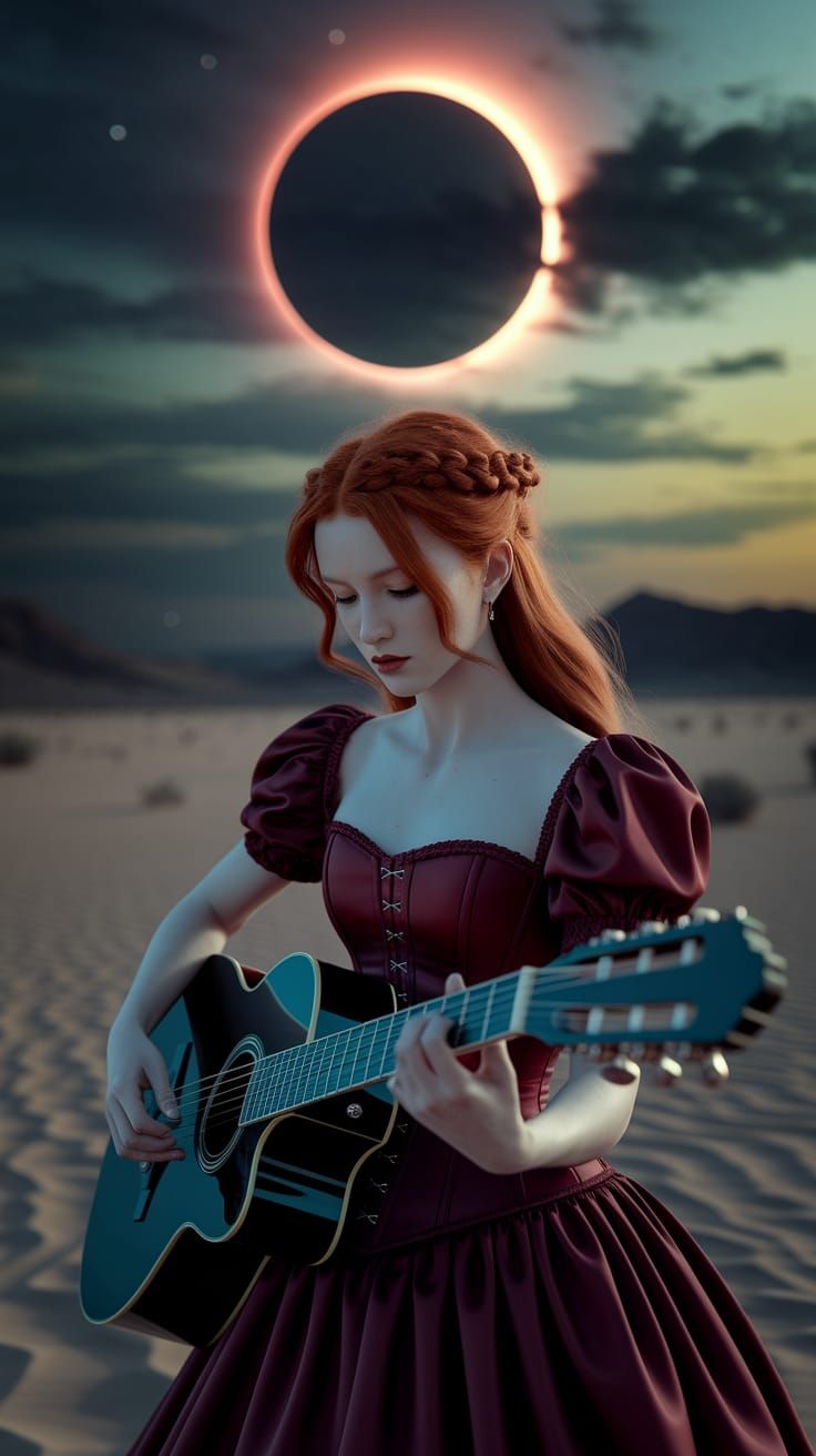 Red-Haired Woman Plays Guitar During Eclipse
