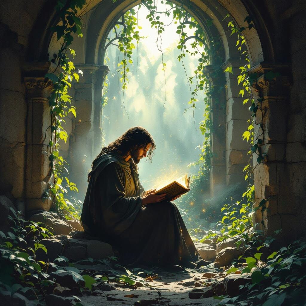 Scholar in Ruins Reads Glowing Tome, Impressionist Art Nouve...