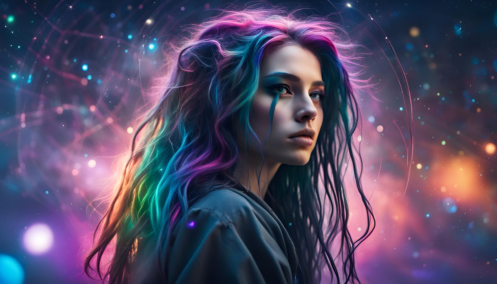 Cosmic Cyberpunk Hacker Girl in a Cosmic Scape