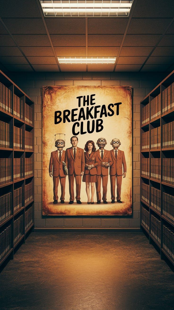Dusty Library Scene with Retro Breakfast Club Poster