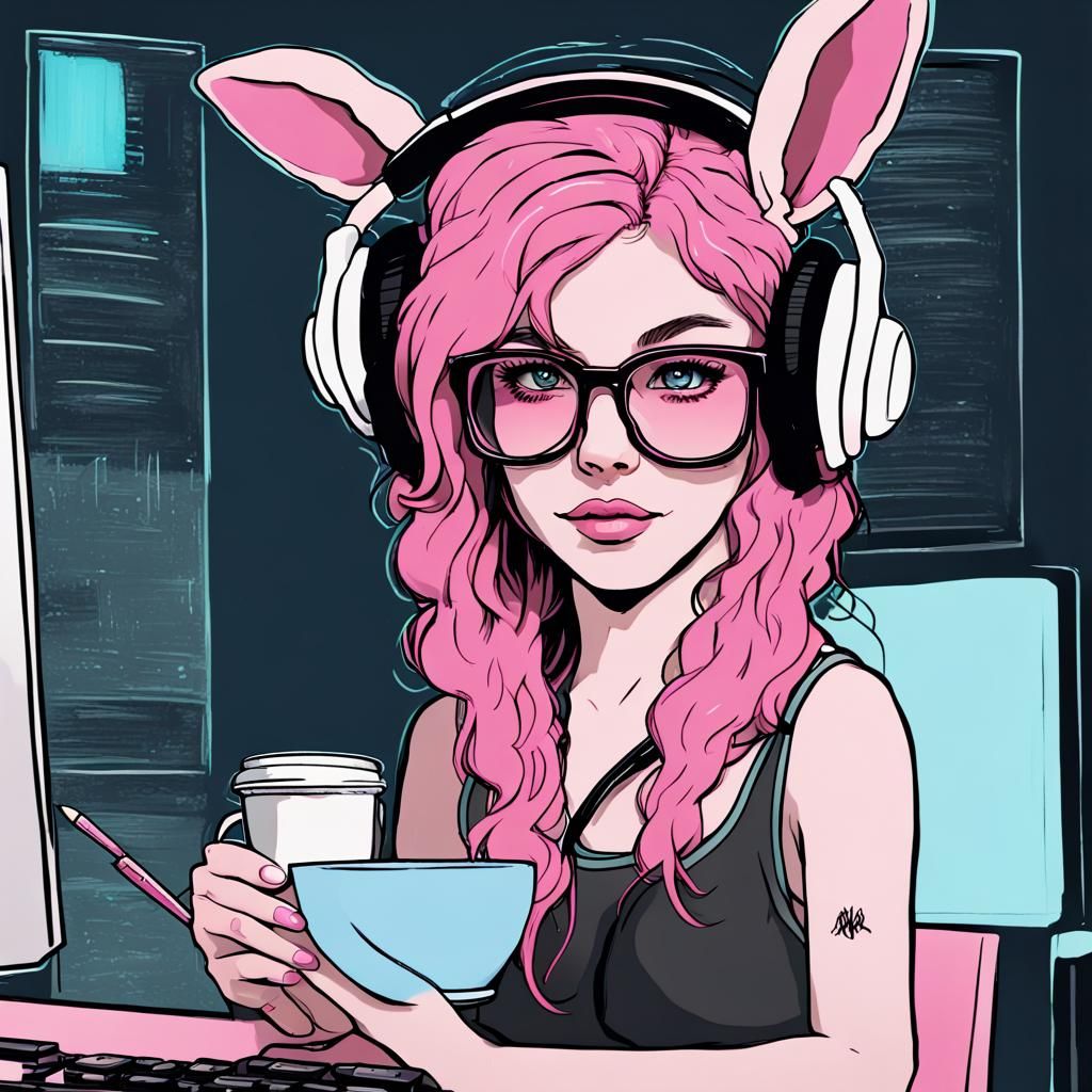 Girl with Rabbit Ears Drawing at Computer