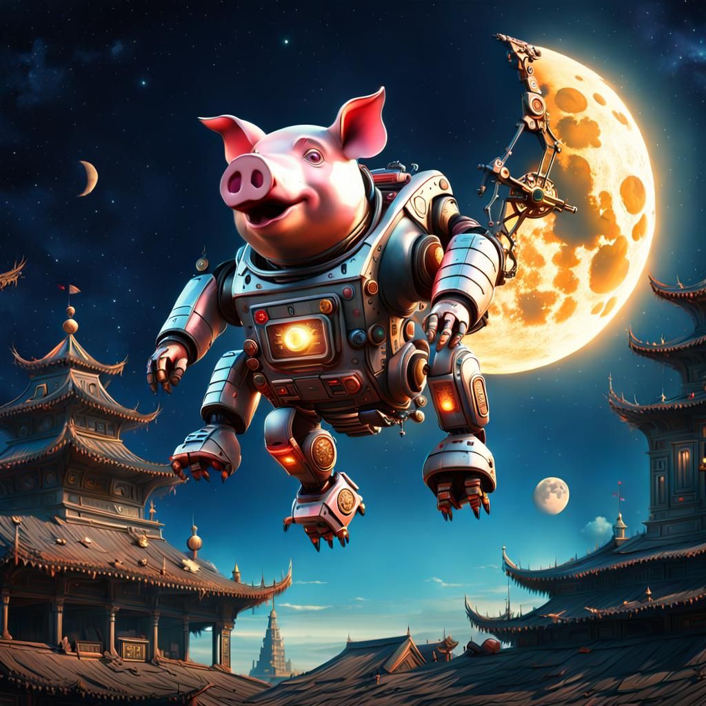 Robot Pig Jumps Over Moon: Digital Matte Painting