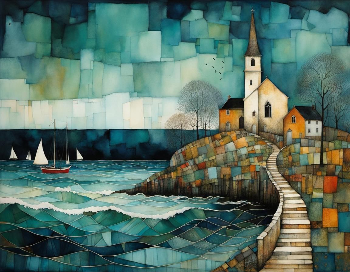Whimsical November Seascape Illustration with Cubist Details