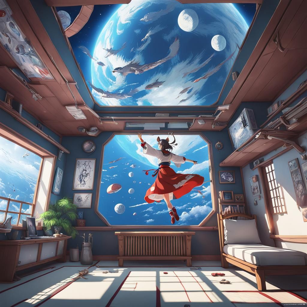 Floating Anime Girl in Zero Gravity: 3D Art
