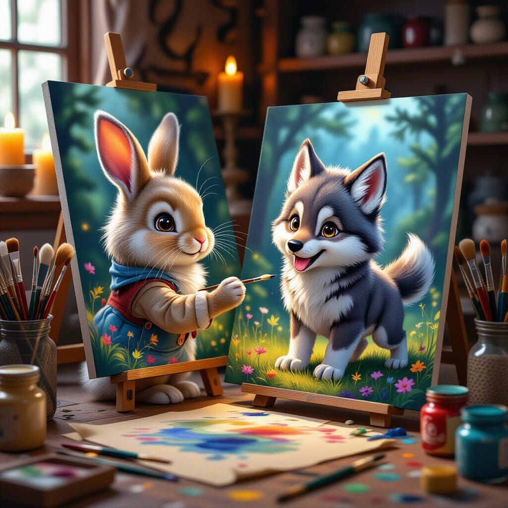 Magical Rabbit Paints Wolf Pup Portrait in Studio
