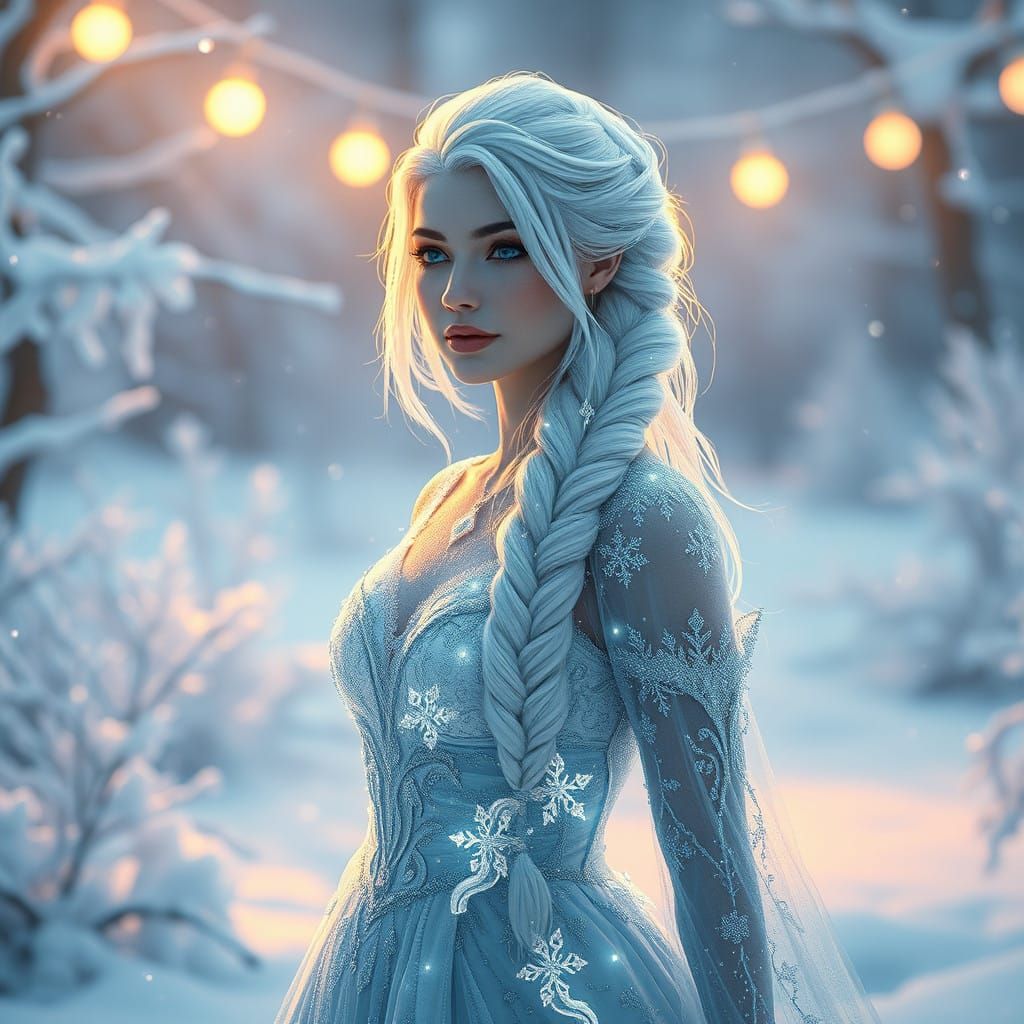 Frost Goddess in Winter Wonderland with Icy Braid and Snowfl...