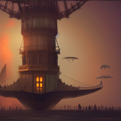 Victorian Sci-Fi Sky Ship Ascends Gothic Tower