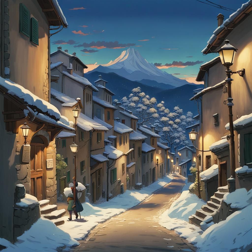 Snowy Italian Village at Dusk: Studio Ghibli Style