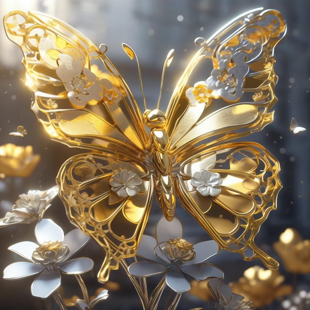 Golden Butterfly on Silver Flower in 3D Anime Art