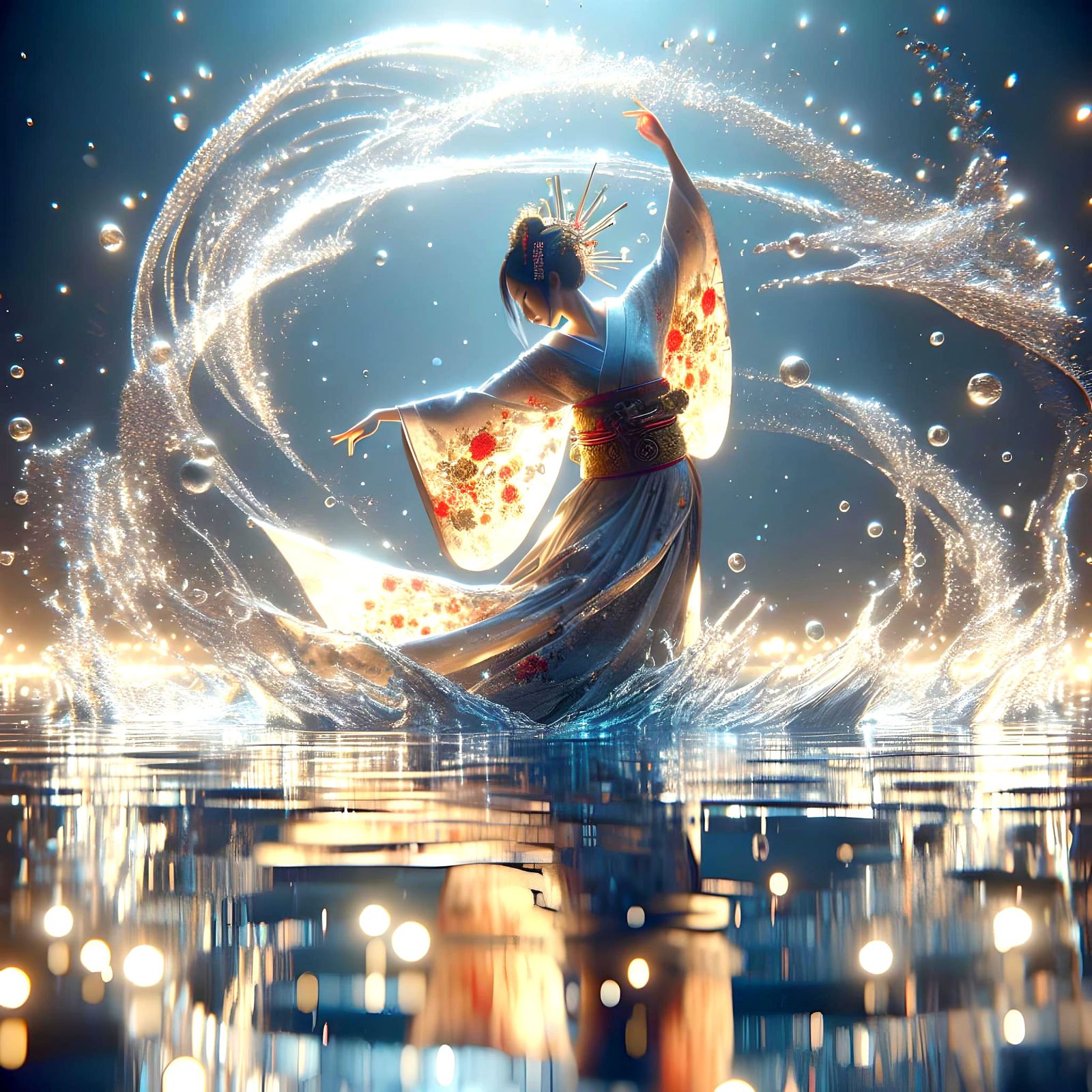 Elegant Japanese Goddess Dancing in Water