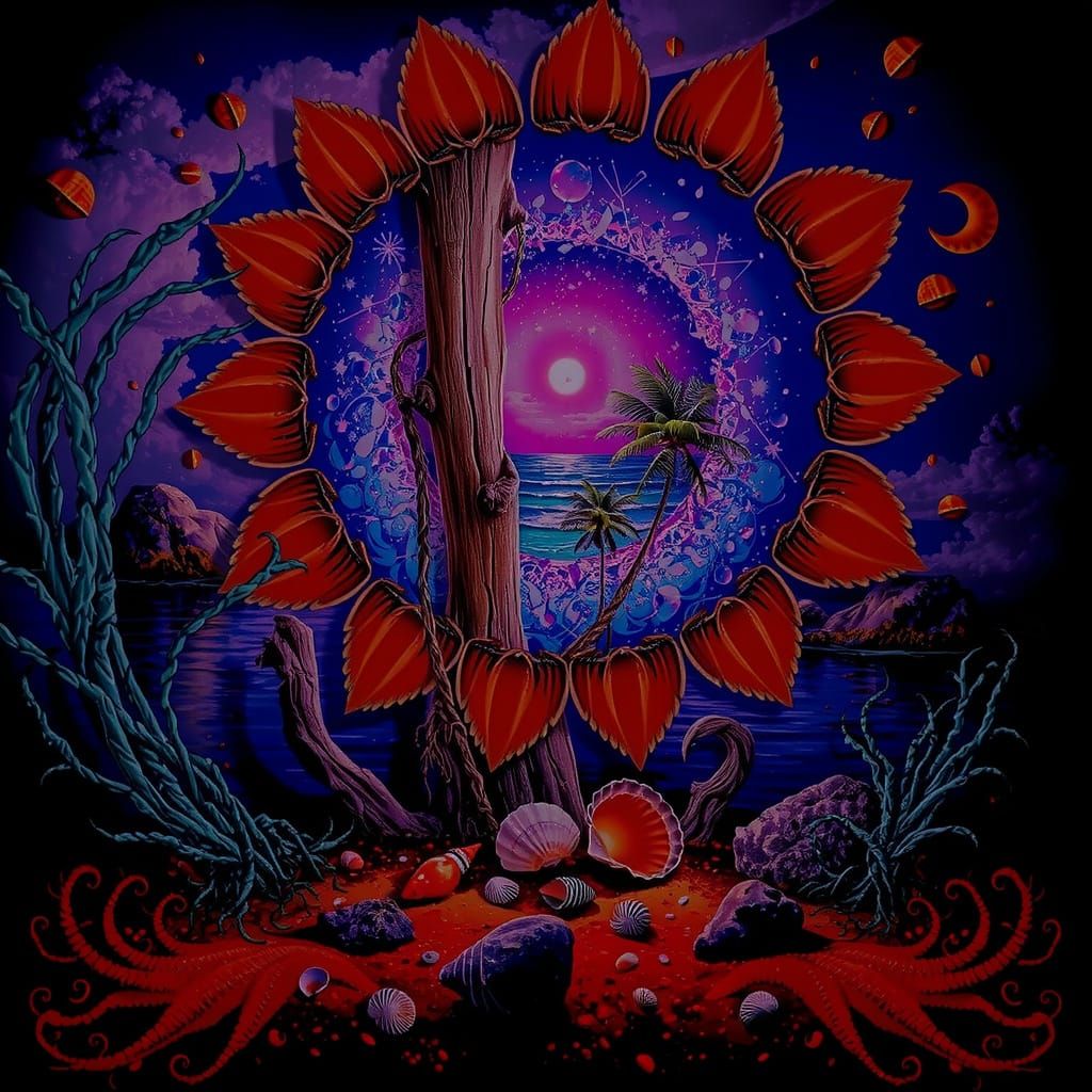 Serene Beach Scene with Palm Trees and Seashells