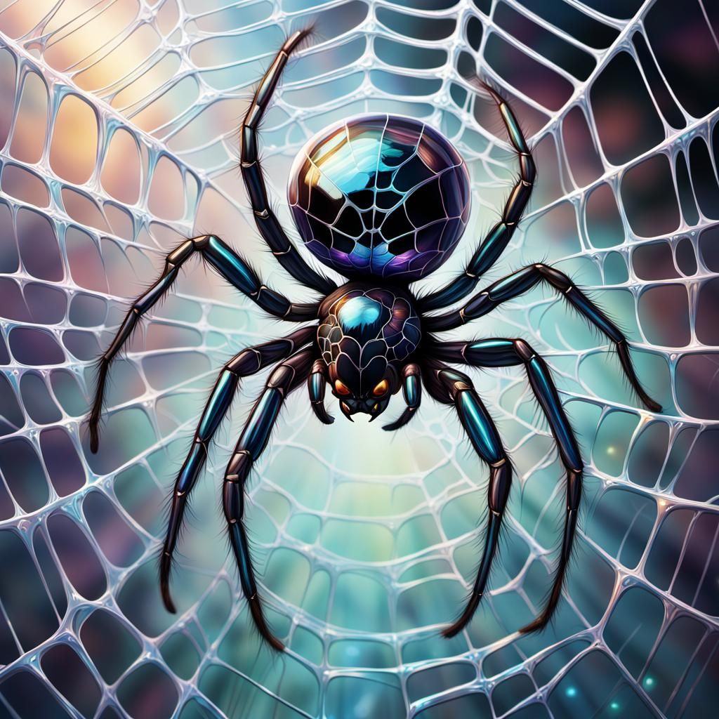 Chrome Spider in Shimmering Web: Digital Painting