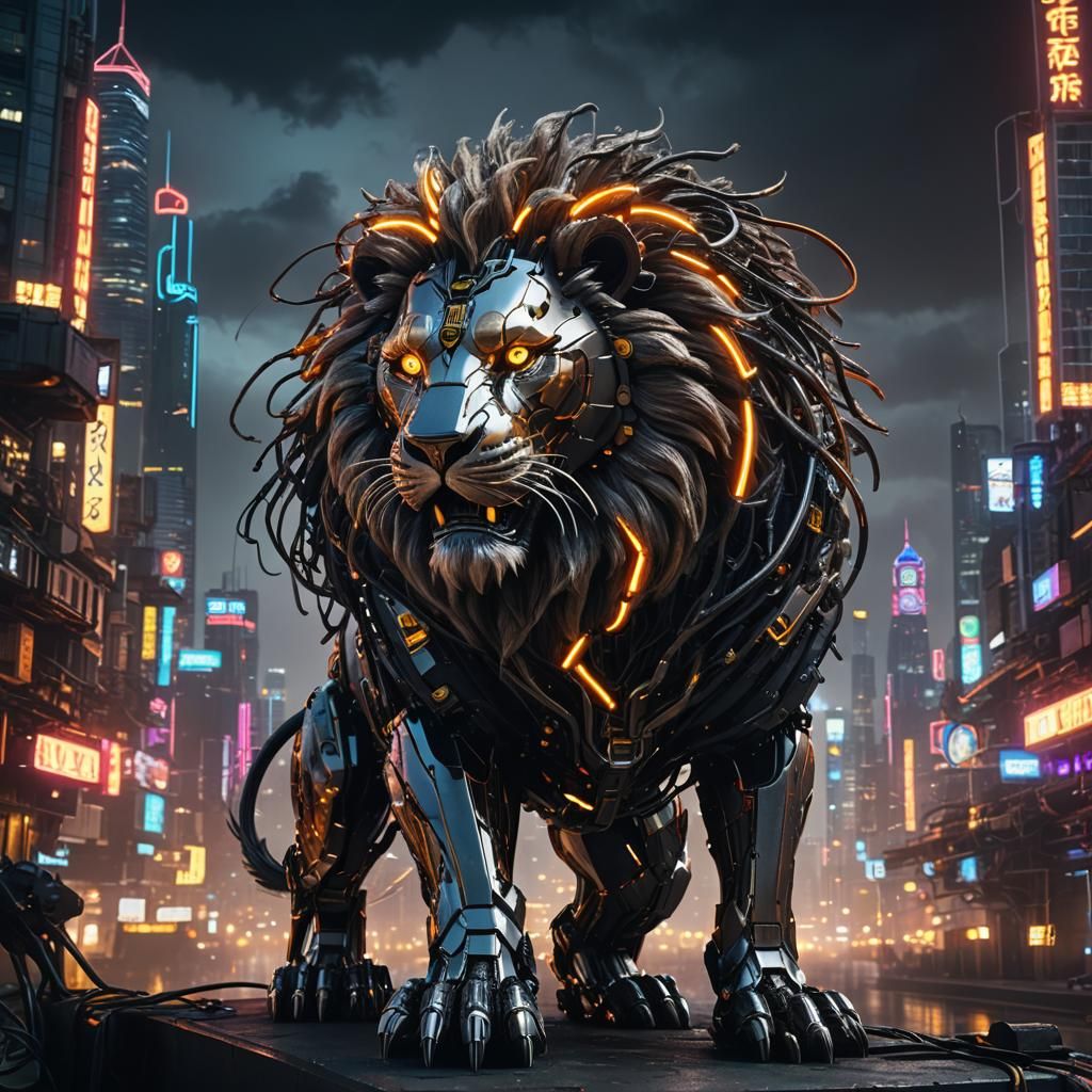 Mechanized Cyberpunk Lion in Sci-Fi Cityscape
