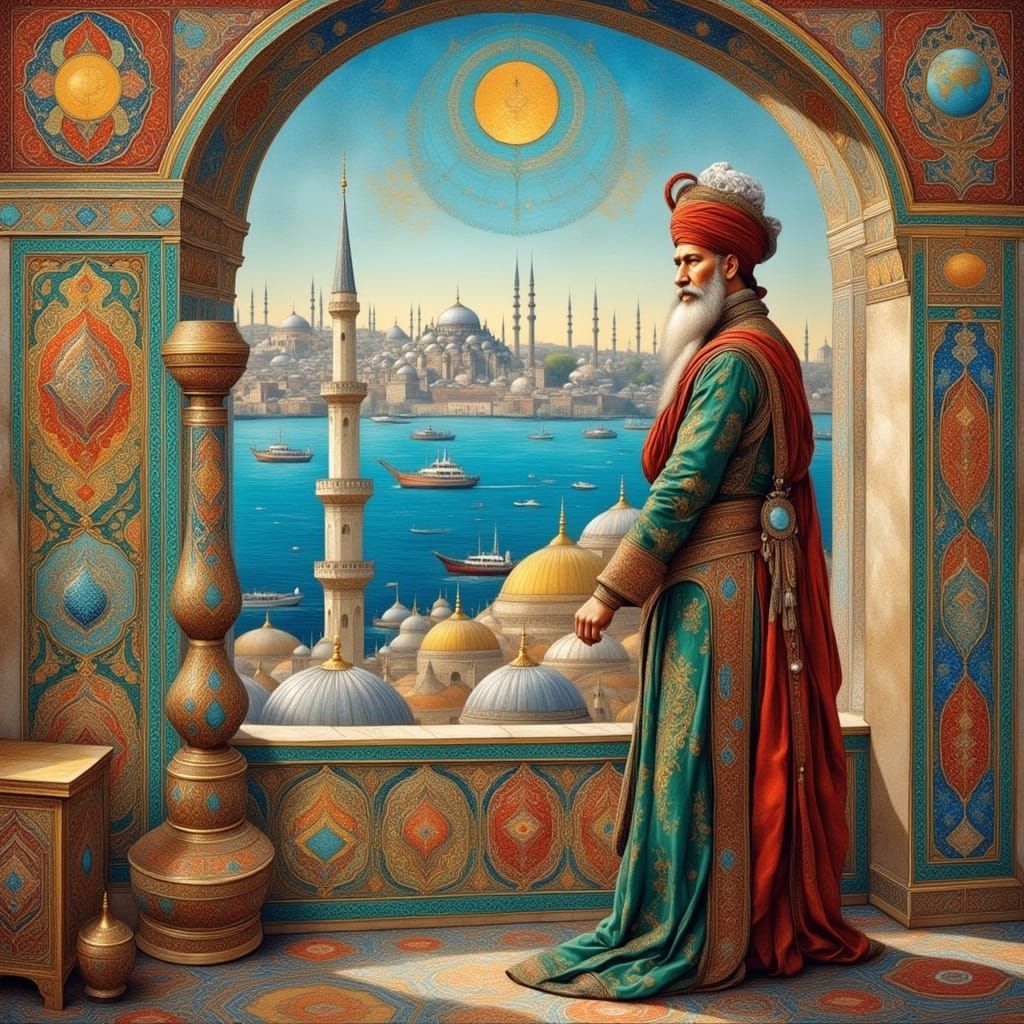 A sultan in a turban at Topkapı Palace looks out over the Bo...