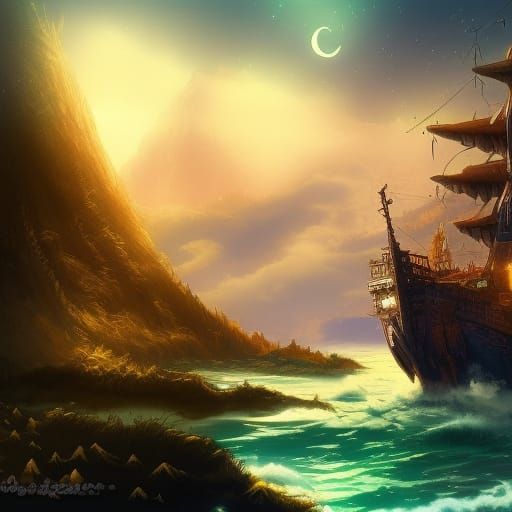 Anime Pirate Ship in Galaxy Seascape